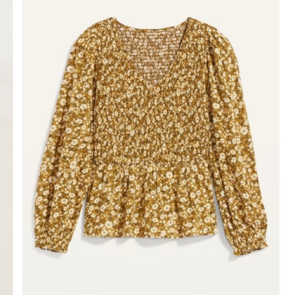 Women’s Old Navy Yellow Floral Smocked Long-Sleeve V-Neck Blouse Blouse